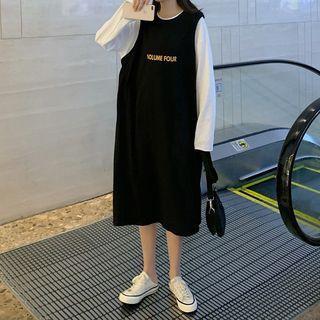 Mock Two-piece Long-sleeve Letter Midi T-shirt Dress