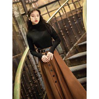 Set: Long-sleeve Mock-neck Knit Top + Midi A-line Skirt