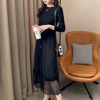 Knit Panel Long-sleeve Lace Overlay Maxi A-line Dress
