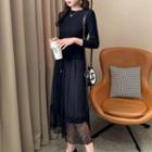 Knit Panel Long-sleeve Lace Overlay Maxi A-line Dress