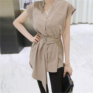 Cap-sleeve Asymmetric-hem Blouse With Belt