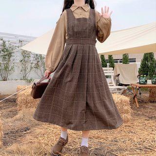 Plain Shirt / Plaid Midi Overall Dress