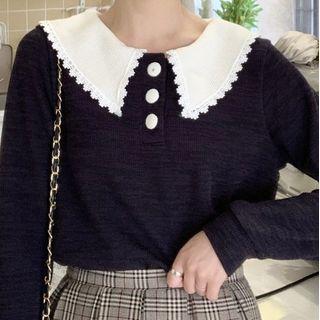 Scallop Collared Long-sleeve Polo Shirt