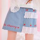 Lace Panel Cherry Embroidered Mini Denim Skirt