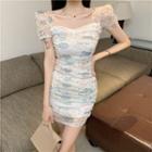 Short-sleeve Floral Print Mesh Mini Bodycon Dress
