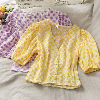 Daisy-embroidered V-neck Shirt