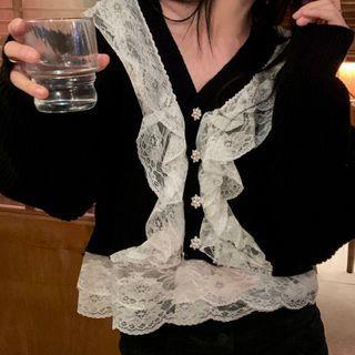 Long-sleeve Lace Trim Knit Top Black & White - One Size