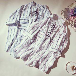Lace-up Short-sleeve Striped Blouse