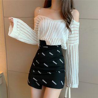 Long Sleeve Off-shoulder Perforated Plain Knit Top