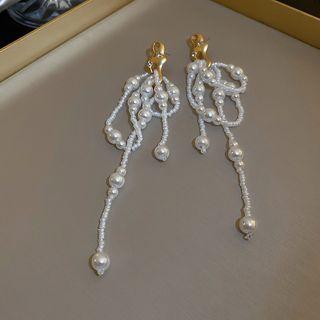 Bow Faux Pearl Fringed Earring 1 Pair - Stud Earrings - White & Gold - One Size