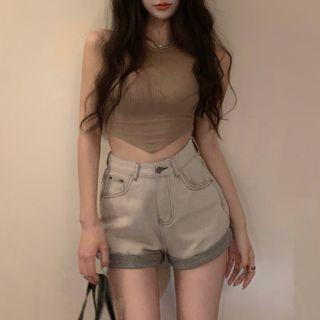 Cropped Camisole Top / Washed Denim Shorts
