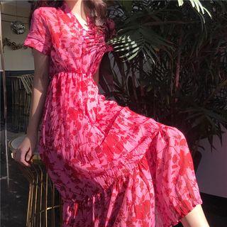 Short-sleeve Floral V-neck Midi A-line Dress