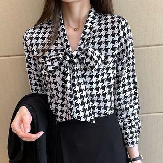 Long-sleeve Tie-neck Houndstooth Chiffon Blouse
