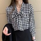 Long-sleeve Tie-neck Houndstooth Chiffon Blouse