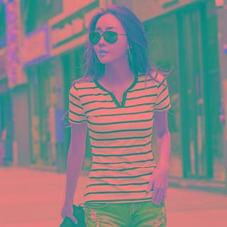 Open-placket Stripe Short-sleeve T-shirt