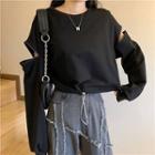 Zip Cropped T-shirt / Fray Trim High-waist Wide-leg Jeans