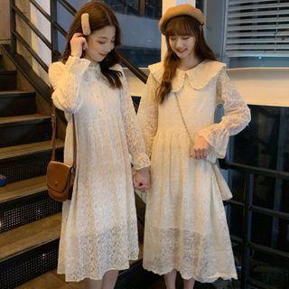 Lace Long-sleeve Midi Shift Dress / Slipdress / Set