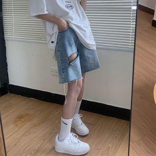 Washed Distressed Wide Leg Denim Shorts