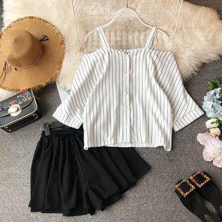 Set: Cold-shoulder Striped Top + Wide Leg Shorts