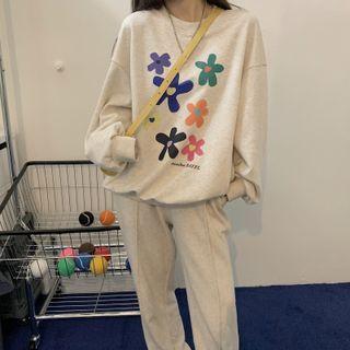 Flower Print Sweatshirt Flower Print - Oatmeal - One Size