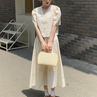 Puff-sleeve V-neck Plain Blouse / High-waist Plain A-line Skirt