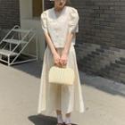 Puff-sleeve V-neck Plain Blouse / High-waist Plain A-line Skirt