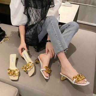 Chain Accent Pvc Strap Chunky Heel Slide Sandals