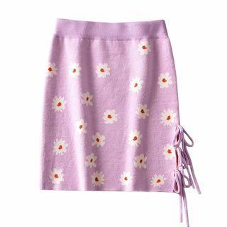 Floral Knit Tie-strap Mini Pencil Skirt