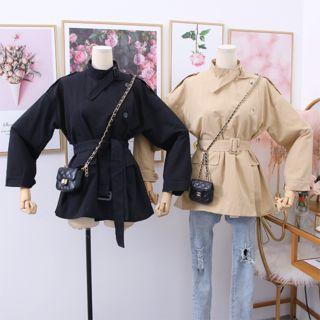 Stand-collar Lapel Jacket With Belt