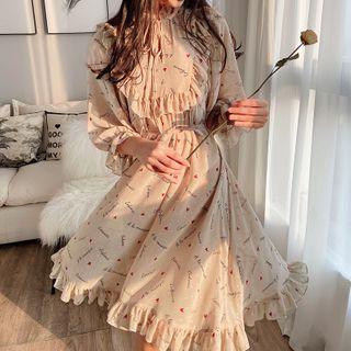 Lettering Long-sleeve Midi Shift Dress