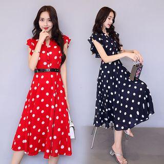 Flutter Sleeve Dotted Print Midi Dress
