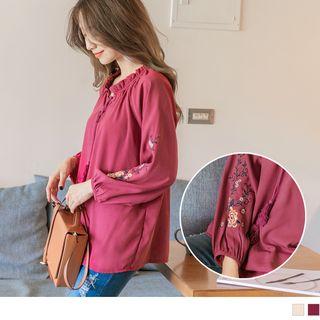 Frilled Trim Embroidered Lace-up Top