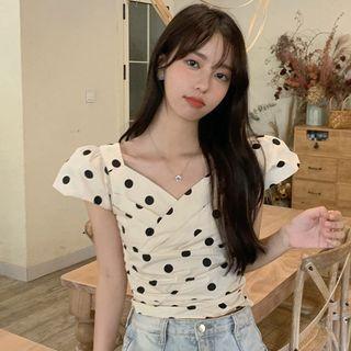 Puff-sleeve V-neck Polka Dot Ruched Blouse