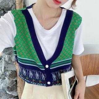 Mock Two-piece V-neck Argyle Cardigan Panel Short-sleeve Top As Shown In Figure - One Size