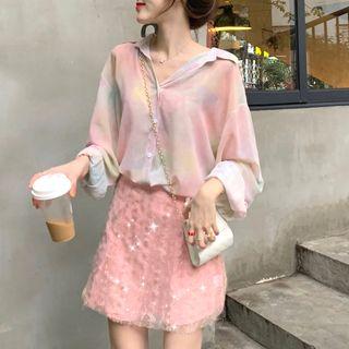 Long-sleeve Shirt / Sequined A-line Mini Skirt