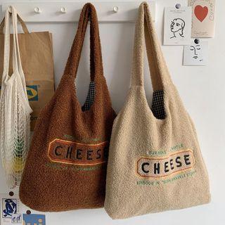 Letter Embroidered Fleece Tote Bag Coffee - One Size