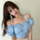 Off Shoulder Puff-sleeve Bow Top Light Blue - One Size