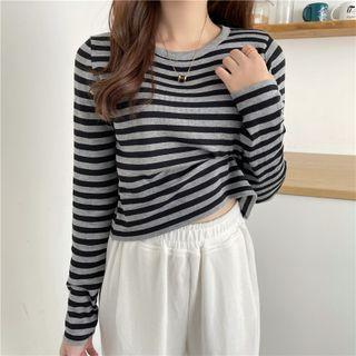 Long-sleeve Striped Slim-fit Top Gray - One Size
