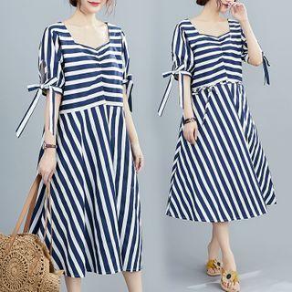 Striped Square-neck Puff-sleeve Dress