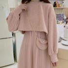 Set: Cropped Sweater + Spaghetti Strap Midi A-line Mesh Dress + Crossbody Bag