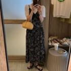 Set: Short Sleeve Lace Top + Spaghetti-strap V-neck Floral Chiffon Maxi Dress
