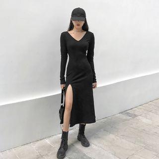 V-neck Slit Midi A-line Dress