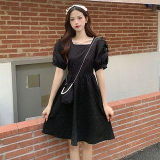 Set: Puff-sleeve Jacquard A-line Dress + Chain Strap Crossbody Bag