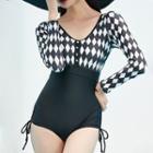Long-sleeve Argyle Print Drawstring Swimsuit