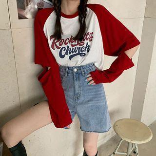 Long-sleeve Cutout Lettering Print Raglan T-shirt