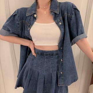 Short-sleeve Denim Shirt / A-line Denim Skirt
