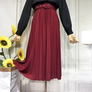 Belted Pleated Midi A-line Skirt Red - One Size