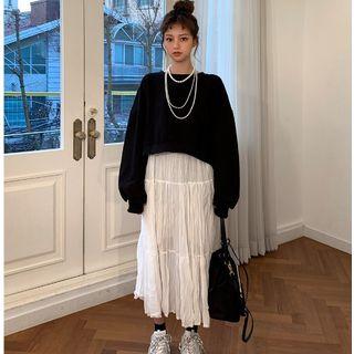 Long-sleeve Crinkled Midi Chiffon Dress / Open Back Sweatshirt