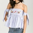 Striped Strapless Flower Embroidered Top