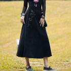 Embroidered Slit Midi A-line Skirt Black - One Size